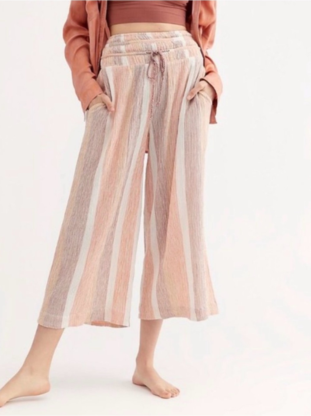 Free People Hamilton Wide Leg Striped Cotton Pants Smocked Waist Size L